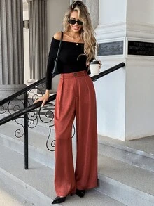 Pariaura European And American Style Spring/Summer New Fashion Versatile Solid Color Satin Jacquard Straight Leg Elegant Commute Regular Long Pants - Coral Orange - View 3