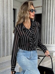 Pariaura Blus lengan panjang longgar berpotongan pas badan dengan kerah bermotif garis-garis vintage yang segar dan menawan. - Hitam - View 1
