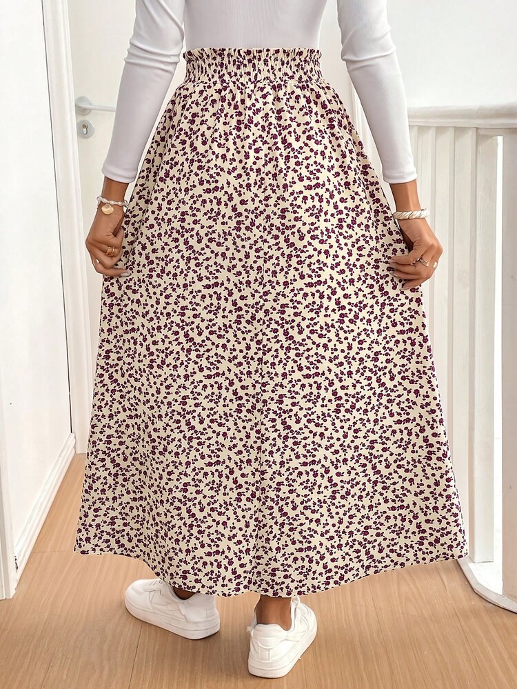 SHEIN Frenchy Rok Midi Wanita Motif Bunga Kecil dengan Belahan Samping dan Rumbai di Pinggang - MultiWarna - View 2