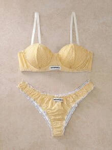 EverLounge 2pcs Striped 3/4 Cup Underwire Molded Cup Push-Up Support Lace Trim Bow Women's Lingerie Set - Yellow - View 1