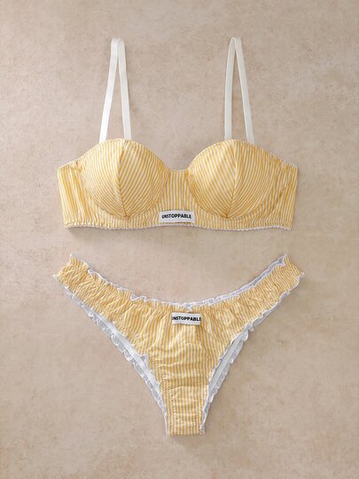 EverLounge 2pcs Set Lingerie Wanita Bergaris 3/4 Cup Berkawat dengan Cup Cetak, Dukungan Push-Up, Hiasan Renda dan Pita