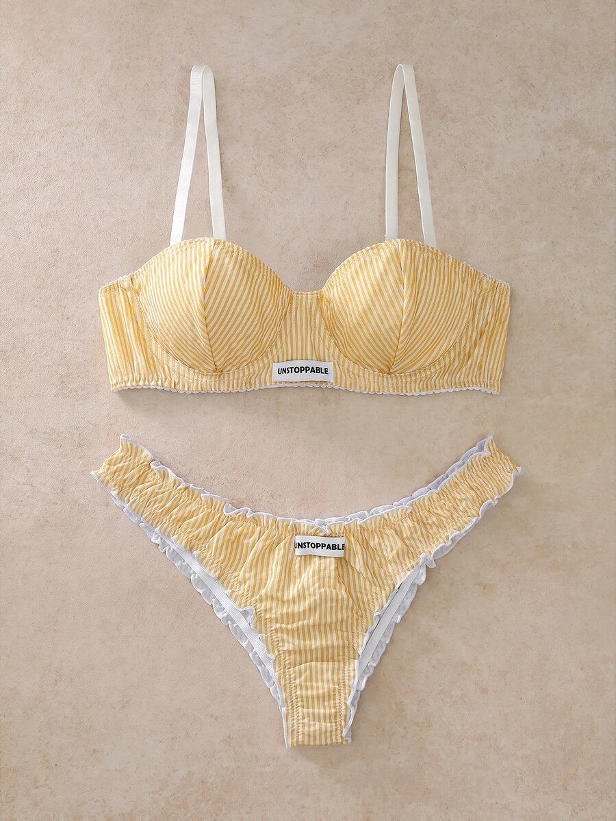 EverLounge 2pcs Striped 3/4 Cup Underwire Molded Cup Push-Up Support Lace Trim Bow Women's Lingerie Set - Yellow - View 1