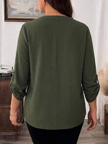 Comfylo 大尺碼女款純色缺口V領休閒百搭日常襯衫 - 綠色 - 查看 2