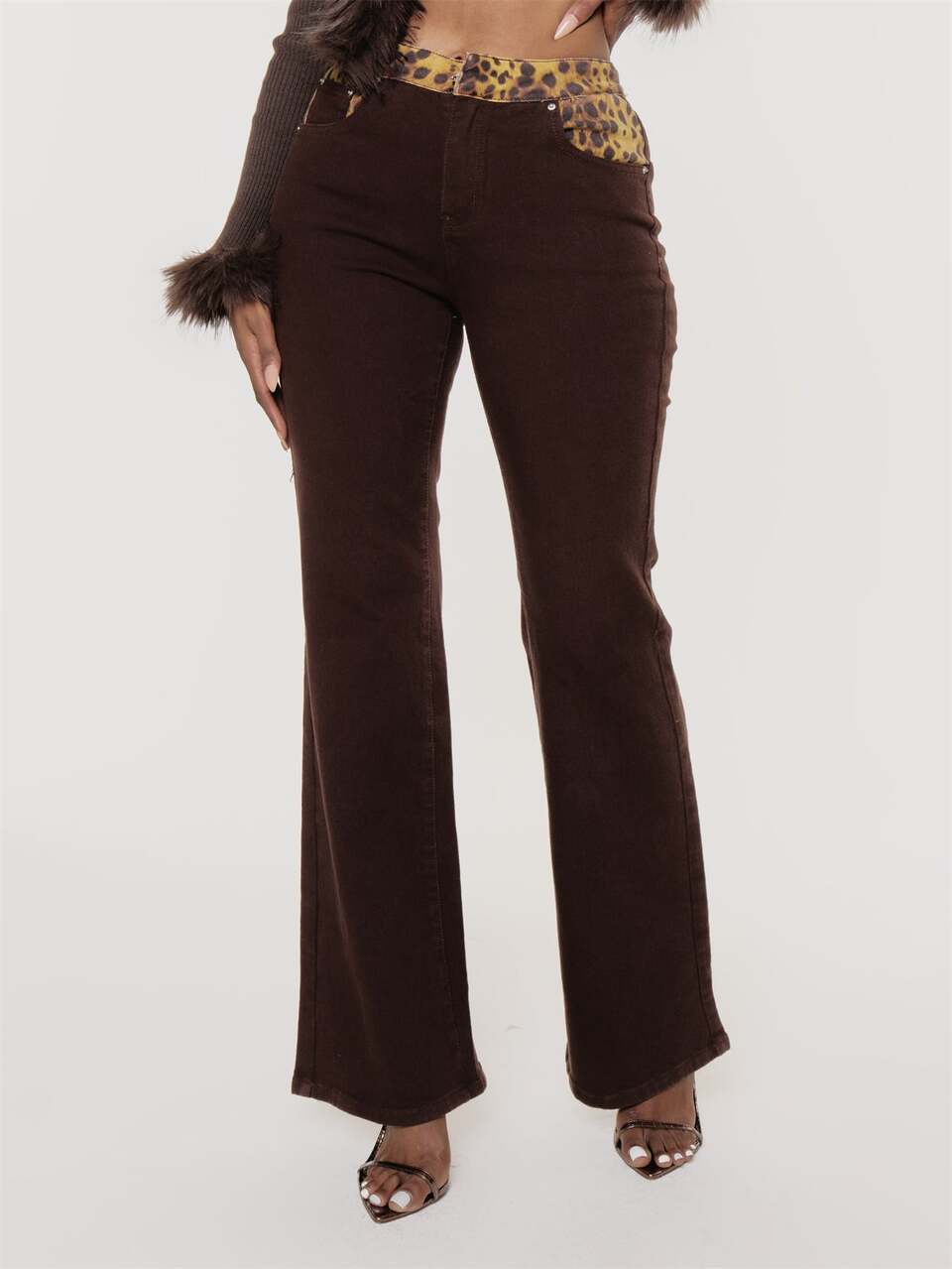 Brown Leopard Print Low Waist Jeans Trouser Winter Fall Womens Jeans Going Out Outfit Party