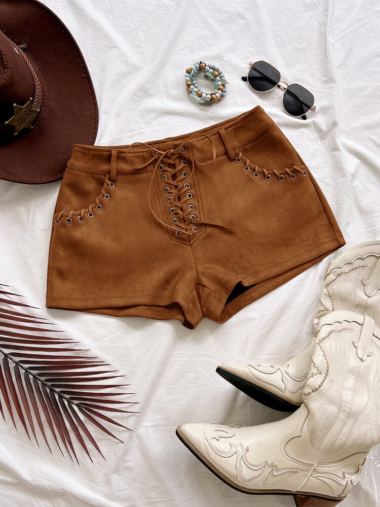 Soleia Women's Solid Color Tie-Up Design Casual Country Western Versatile Everyday Shorts Concert Brown Summer - Mocha Brown - View 1