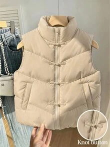 Sparklyn 女童（大童）休閒百搭運動風絎縫加厚立領短版背心，秋冬款 - 杏色 - 查看 1