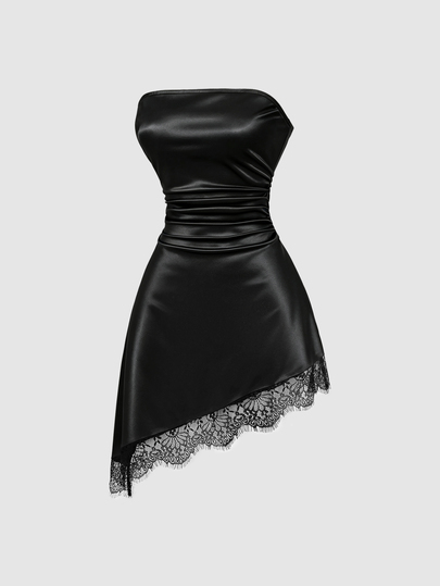 Sweetra Vestido corto para mujer de principios de otoño, nuevo, sin tirantes, con cintura ceñida, sexy, minimalista, para uso diario, adelgazante, para banquetes y fiestas, de moda, con personalidad, con patchwork de encaje