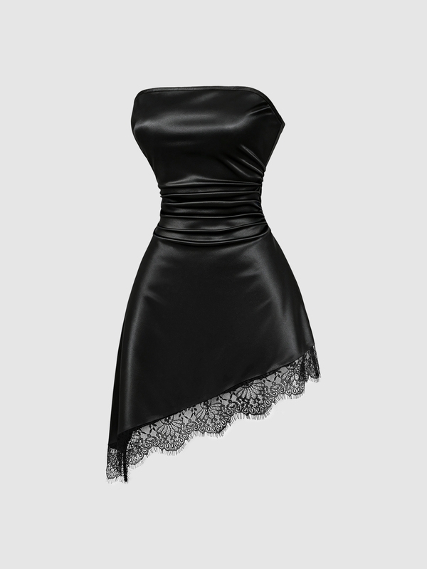 Sweetra Early Autumn New Strapless Waist-Cinching Sexy Minimalist Sexy Daily Slimming Banquet Party Fashion Personality Lace Patchwork Short Women's Dress