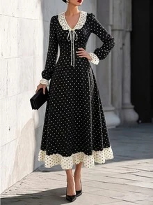 SHEIN Women's French Polka Dot Print Tie Strap Dress - Black - View 7