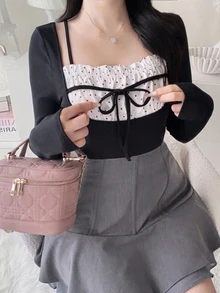 Dazy Plus Colorblock Patchwork Wrap Elegant Korean Style Long Sleeve Spring/Autumn New T-Shirt - Black - View 3