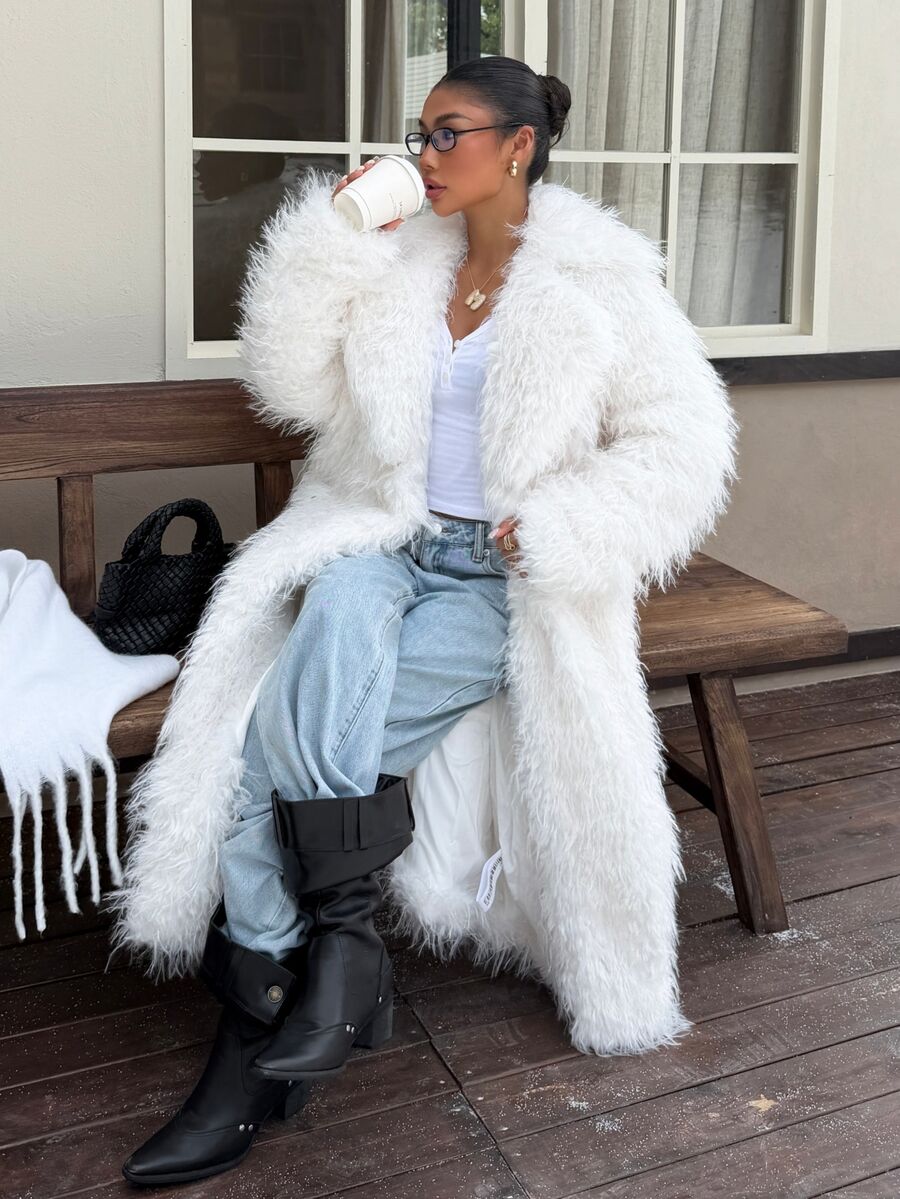 Muchica Women's New Winter White Mid-Length Faux Fur Coat With Lapel - White - View 1