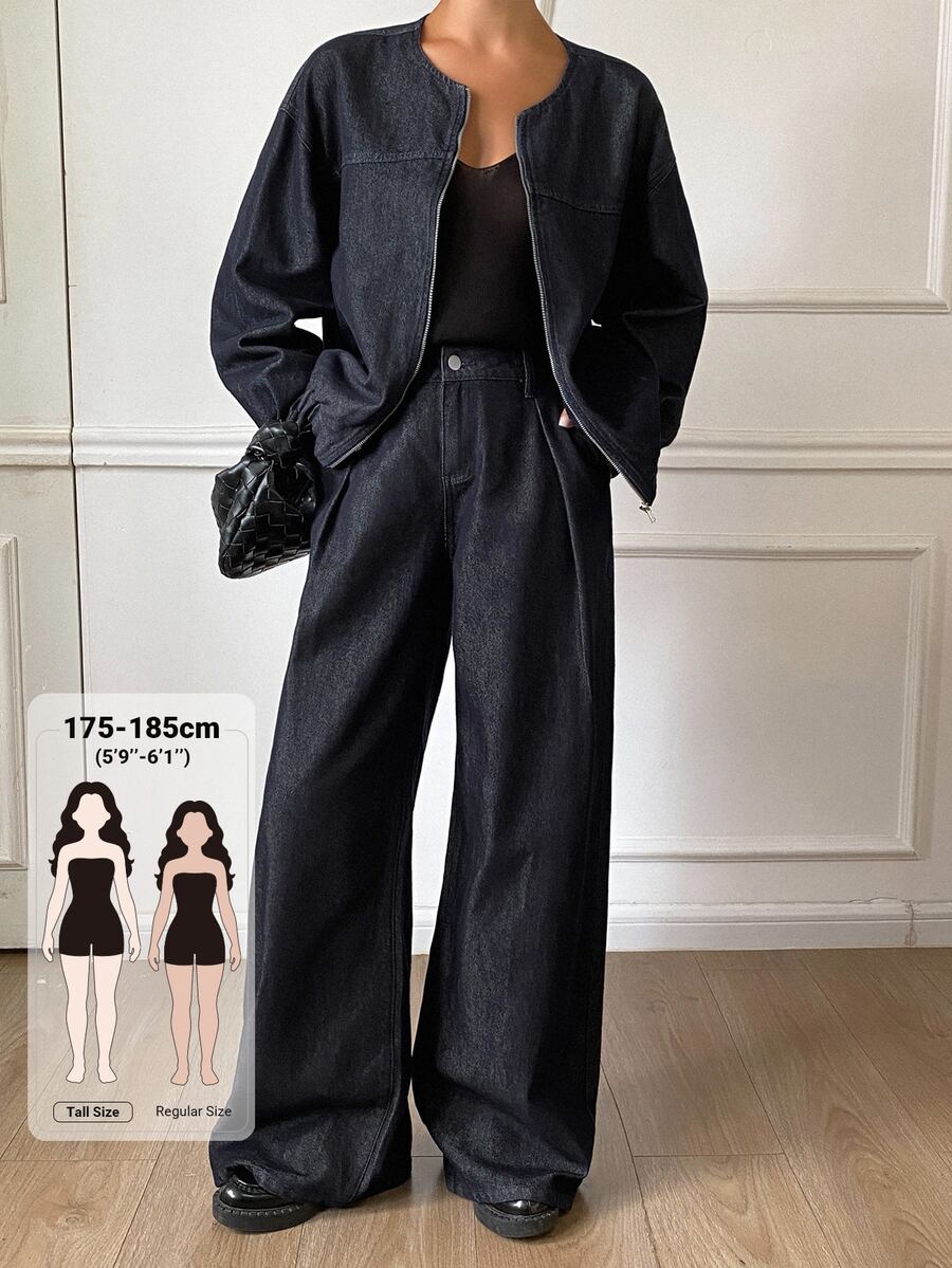 Livesso Tall Women's Round Neck Denim Jacket And Loose Straight Leg Pants Casual Denim Set Fall Everyday Dark Blue - Dark Wash - View 1