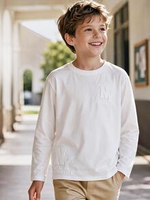 SHEIN Tween Boy Autumn Casual Solid Color Letter Embossed T-Shirt - White - View 2