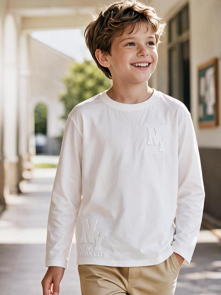 SHEIN Camiseta casual de otoño para niño preadolescente de color liso con letras en relieve - Blanco - Añade 2