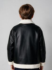 SHEIN 兒童青少年男孩休閒運動街頭風抓絨內裡加厚拼接撞色黑色皮革機車夾克外套，舒適日常百搭時尚復古風，適合通勤上學日常休閒度假旅行運動，秋冬款 - 黑色 - 查看 4