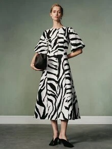 Aveloria Modichic Summer/Autumn Black And White Contrast Zebra Animal Print Round Neck Button-Front Mid-Sleeve Lantern Sleeve Cinched Waist Women's Long Dress, Elegant - Multicolor - View 4