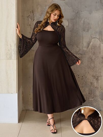 Roveilla Women's Plus Size Elegant 2-Piece Set, Long Sleeve Lace Jacket Top Paired With Spaghetti Strap Knit Solid Color Dress, Minimalist Low-Key Exquisite Lace Fabric, Elegant Vintage New Style 2-Piece Set