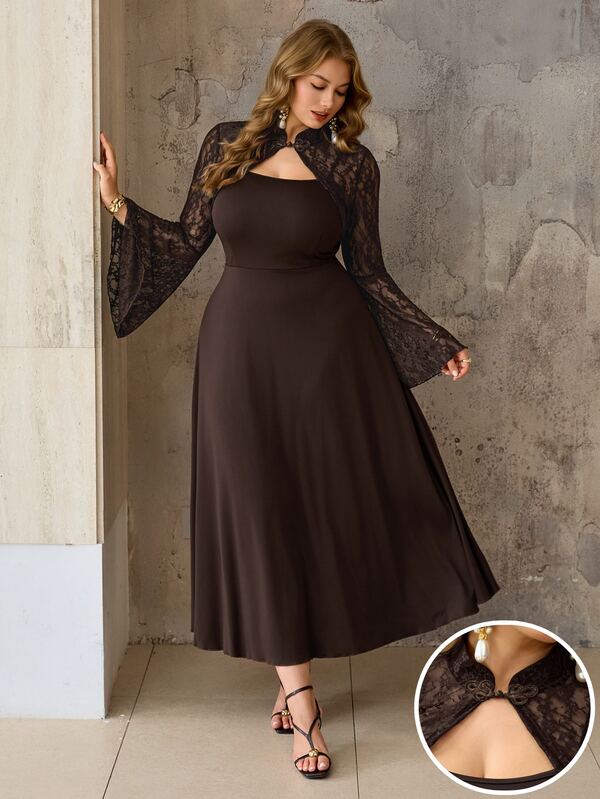 Roveilla Women's Plus Size Elegant 2-Piece Set, Long Sleeve Lace Jacket Top Paired With Spaghetti Strap Knit Solid Color Dress, Minimalist Low-Key Exquisite Lace Fabric, Elegant Vintage New Style 2-Piece Set