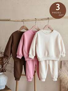 SHEIN LMoss Kids 女童 3 件組 針織純色圓領寬鬆休閒秋冬衛衣套裝 - 彩色 - 查看 9