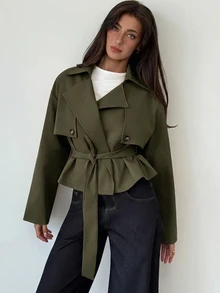 Aloruh 秋冬女款多功能卡其色收腰短款風衣 - 軍綠色 - 查看 6