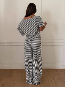 Siren Gaze 女款條紋不對稱領上衣與長褲休閒日常兩件套 - 黑與白 - 查看 7
