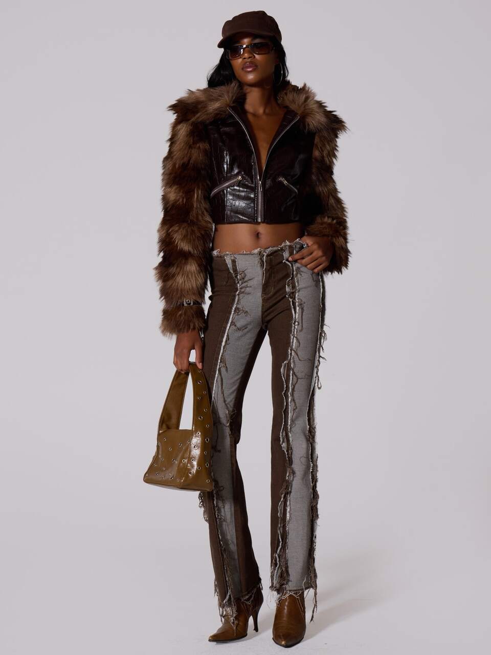 Brown Fur Croc Pu Cropped Jacket