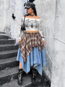 Jeanoix Plus Size Plaid Patchwork Asymmetric Hem Denim Skirt - Multicolor - View 2