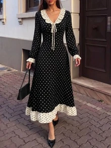 SHEIN Women's French Polka Dot Print Tie Strap Dress - Black - View 2