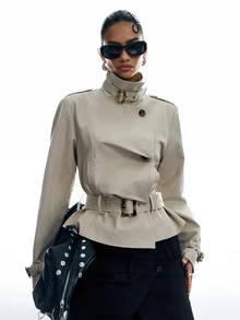 LYSMO Women's Solid Color Stand Collar Button Design Casual Versatile Long Sleeve Jacket - Apricot - View 4