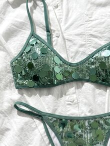 Zestiva Women's Solid Color Sequin 2-Piece Sexy Bikini Set For Beach, Vacation And Party - Mint Green - View 8