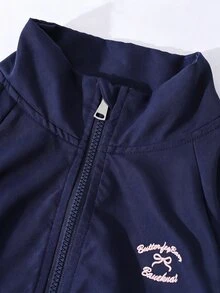SHEIN 女童休閒百搭極簡風外套套裝，秋季穿搭，胸前白色字母刺繡，袖口與褲側白色緞帶蝴蝶結 - 藏蓝色 - 查看 7