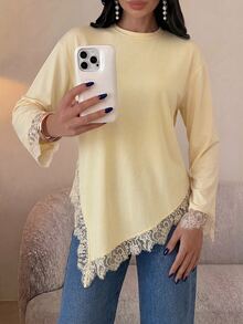 Firerie Women's Lace Patchwork Casual Versatile Daily Wear T-Shirt - Light Yellow - View 3