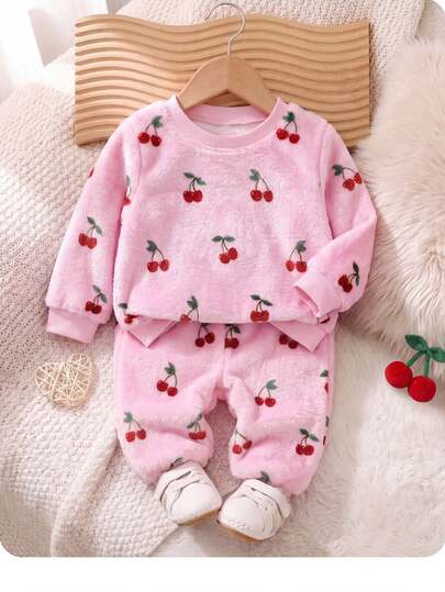 SHEIN Baby Girl Winter Cherry Print Sweatshirt And Sweatpants Set