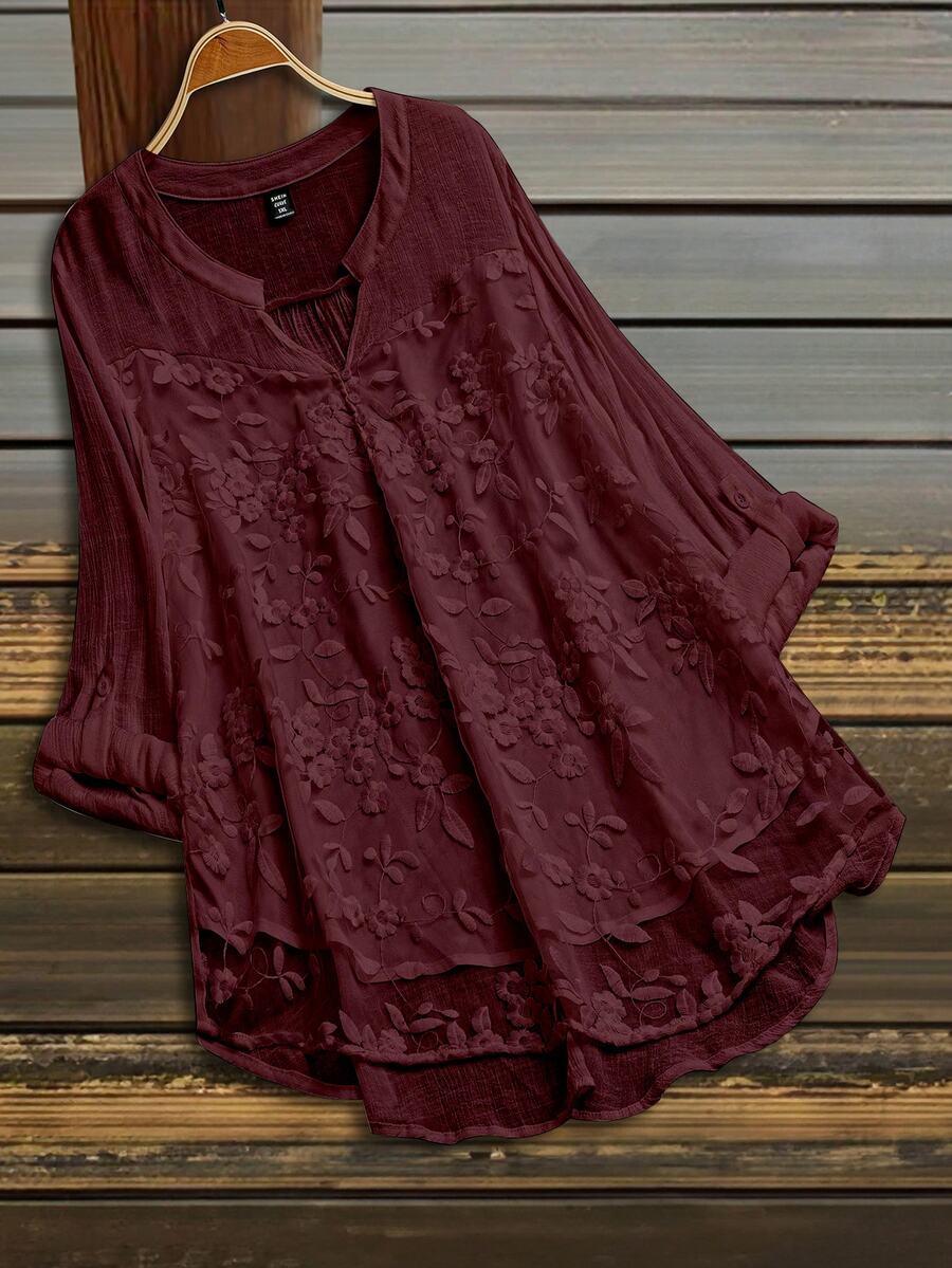 SHEIN LUNE 大尺碼花卉刺繡休閒度假襯衫 - 中紫紅色 - 查看 1