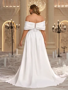 Glamrae Plus Size Elegant Romantic Glamorous Beaded Embroidered Patchwork Wedding Dress Satin Off-Shoulder Butterfly Plus Size Sleeves Fitted Mermaid Hem With Train - White - View 3