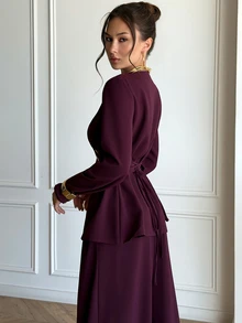 Aloruh Women's Elegant Commuter Wrap Coat & Trousers Suit Set,New Fall Styles - Purple - View 2