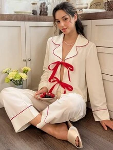Snug Reverie Minimalist Contrast Trim Lace-Up Casual Home Loungewear 2 Pieces Set - Beige - View 7