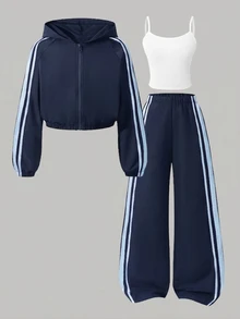 SHEIN 3 قطع/مجموعة ملابس هودي وسويت شيرت للفتيات المراهقات، ملابس الخريف، جاكيت قصير مفتوح من الأمام بأكمام طويلة، توب كاميسول أبيض - أزرق بحري - مشاهدة 3