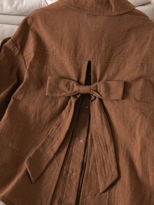 Young Girl Solid Color Casual Versatile Daily Wear Shirt - Coffee Brown - View 3