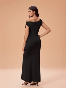 Glamance Women's Elegant Party Lace Patchwork Asymmetric Neckline Mermaid Long Dress - Black - View 2