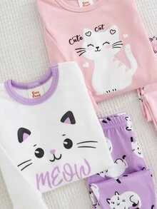 Cozy Pixies 女嬰貼身睡衣4件套，卡通貓咪圖案，柔軟針織圓領長袖套頭上衣與鬆緊腰長褲 - 彩色 - 查看 7