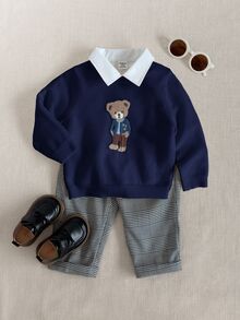 PrepCrw Young Boy Autumn/Winter Casual Kids Bear Jacquard Sweater - Navy Blue - View 2