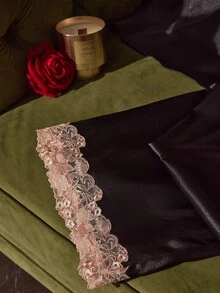 SilkySpell Women's Sexy Contrast Color Embroidered Lace V-Neck Satin Camisole, Shorts And Pants Plus Size 3-Piece Pajama Set - Black - View 6