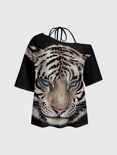 Grunge Punk Sexy asymmetrisches Schulter Tigerkopf Damen T-Shirt