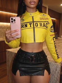 Slaydiva 女款性感辣妹短版字母印花長袖夾克 - 黃色 - 查看 4