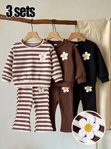 3套女嬰可愛休閒家庭套裝 針織條紋花卉圓領衛衣 + 喇叭褲，適合日常穿著，棕色黑色秋季 - 彩色 - 查看 1