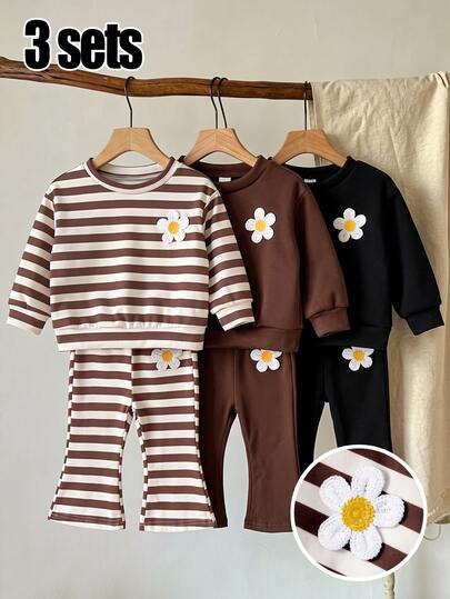 3sets Baby Girl Cute Casual Knitted Striped Floral Pattern Crew Neck Sweatshirt + Flared Pants, Suitable For Daily Wear, Back To School, Comfortable And Relaxed