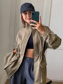 DAZY Women's Solid Color Loose Fit Utility Jacket With Pockets And Zipper, Long Sleeve Casual Streetwear Fall Regular Jacket Everyday Going Out Olive Green - Khaki - View 6