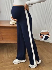 SHEIN 孕婦拼接色可調腰圍休閒日常穿著緊身內搭褲 - 藏蓝色 - 查看 3