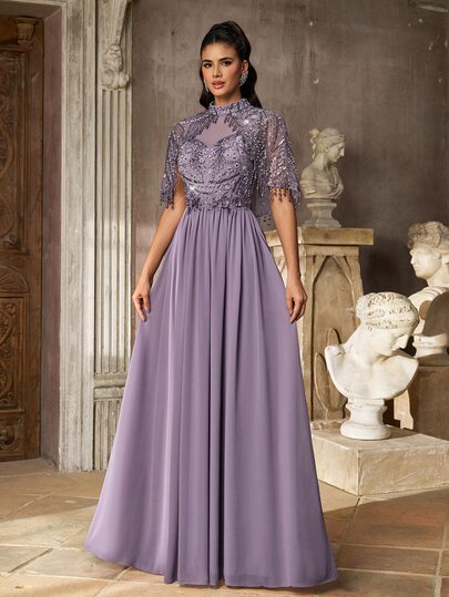 Aureia Elegant Glamorous Sequin Patchwork Chiffon Waist Applique Sequin Cape Tassel Wedding Guest, Bridesmaid, Party, Ball, Holiday, Evening Gala Summer Occasion Wear